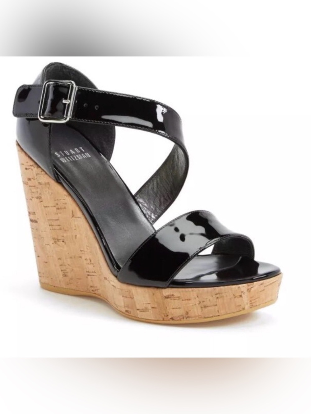 Stuart Weitzman Oneliner Patent Leather Cork Wedge Sandal Platform Sz 7